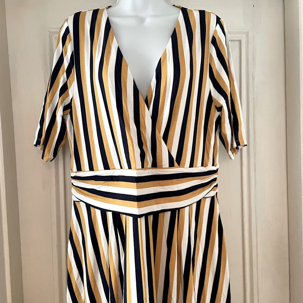 Boden Ruched Waist Jersey Midi Dress (J0625) - Navy White Yellow Stripe - 18 L - Picture 1 of 4